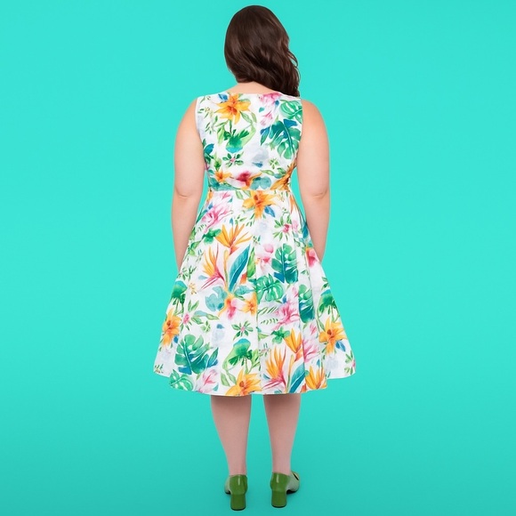 Unique Vintage 50s Tropical White & Orange Floral Cotton Swing Dress, Large, NWT - Picture 12 of 16